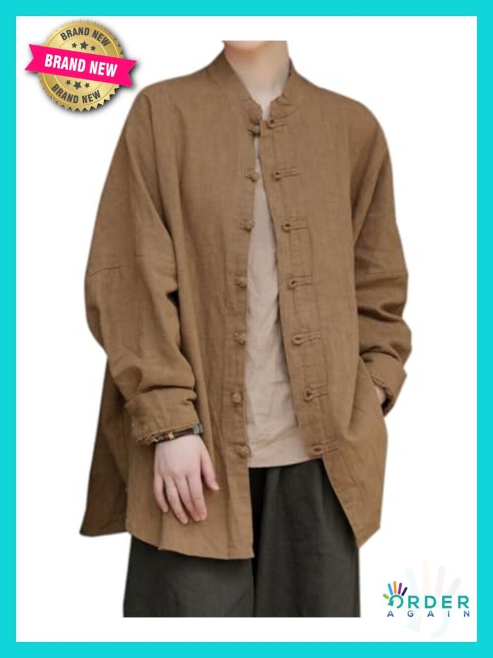 80% Linen+20% Cotton Oversized Button Down Shirt with Vintage Frog Buttons